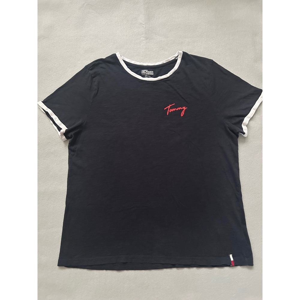 Tommy Hilfiger Womens XL T-Shirt Navy Blue Red Script Logo Slub Tee